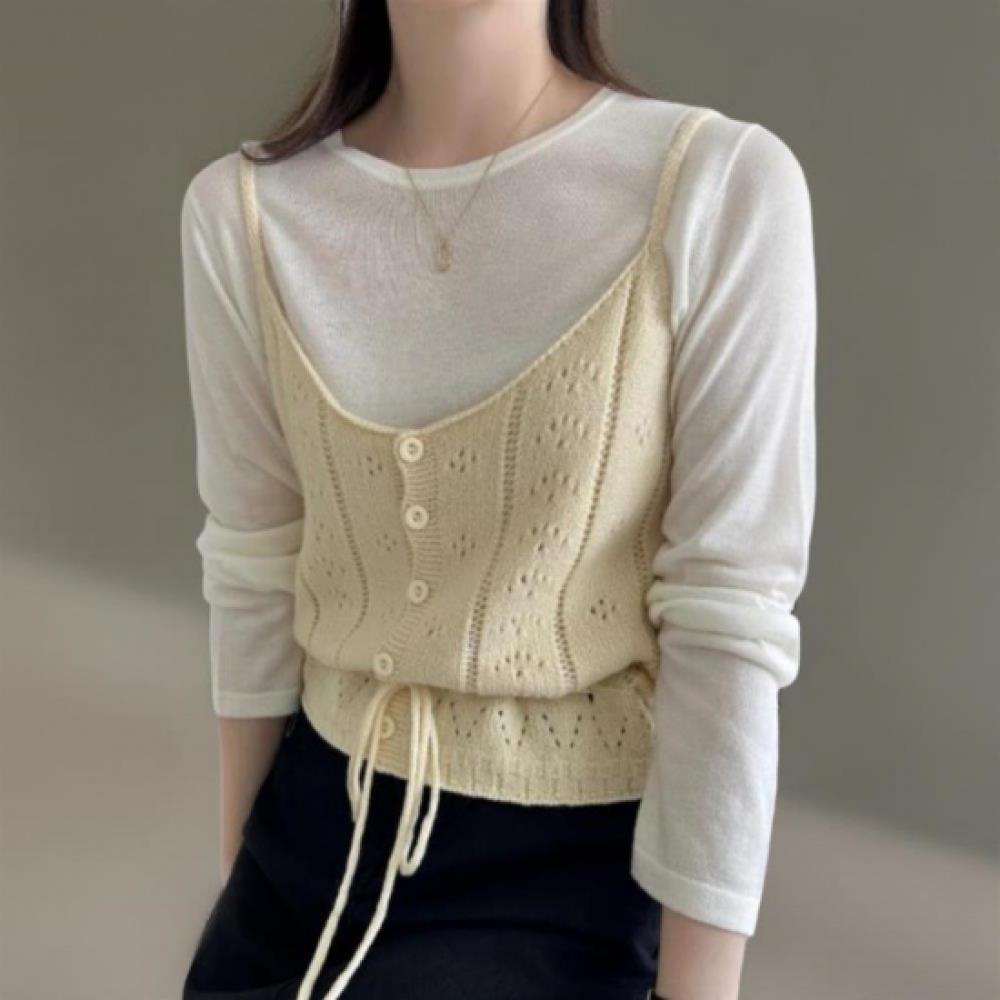 New Arrivals Open Run Women Wool Blend Punching Ribbon Crop Knit Bustier Vest