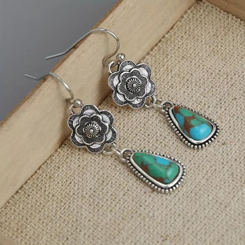 Vintage Ethnic Antique Flower Synthetic Turquoise Pendant Earrings For Birthday Parties Fashionable Jewelry Customization Gifts