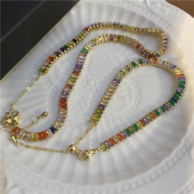 Set de Collar y Pulsera de Clavícula de Circonita Colorida Ajustable para Mujer