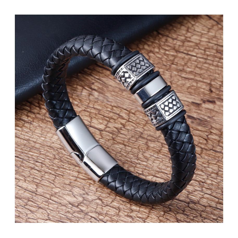 Custom Logo Engraving Genuine Leather Bracelet Stainless Steel Braided Men Magnetic Clasp Braided Leather Bracelet