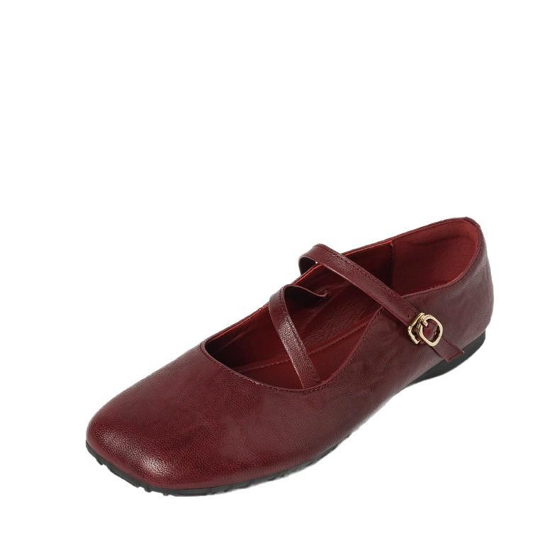 French retro burgundy comfortable flat Mary Jane shoes women's soft leather soft sole one-word buckle with small square head beanie shoes