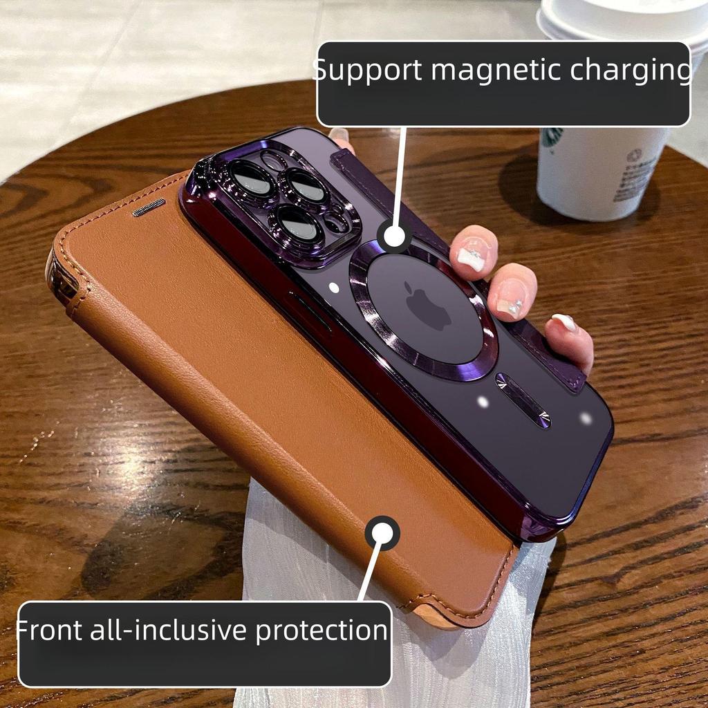 "Apple iPhone 15 Gold Shield Magnetic Leather Flip Case with Full Lens Protection"