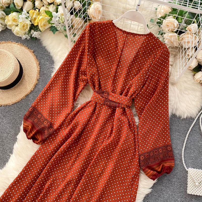 Damen Chiffon Maxikleid Bedruckt Schnürbund Langärmlig Schärpen Taille Vintage Swing Langes A-Linien-Ferienkleid