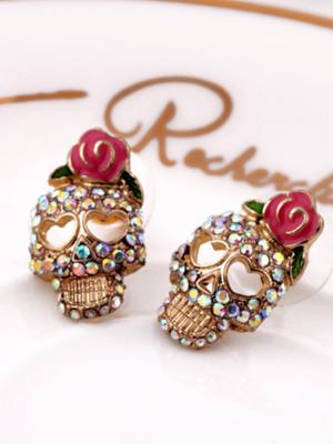 2pcs Gothic Style Statement Rose Flower Skull Shaped Lady Earrings