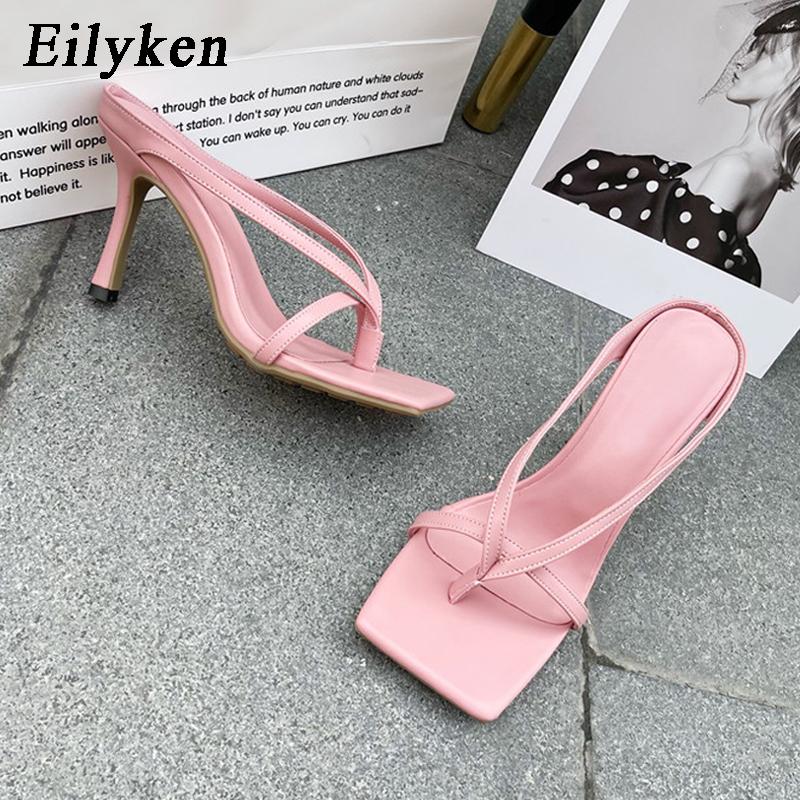 Fashion Eilyken New Slipper High Heels Shoes Fall Best Street Look Females Square Head Toe Clip-On Strappy Women Sandals Slides