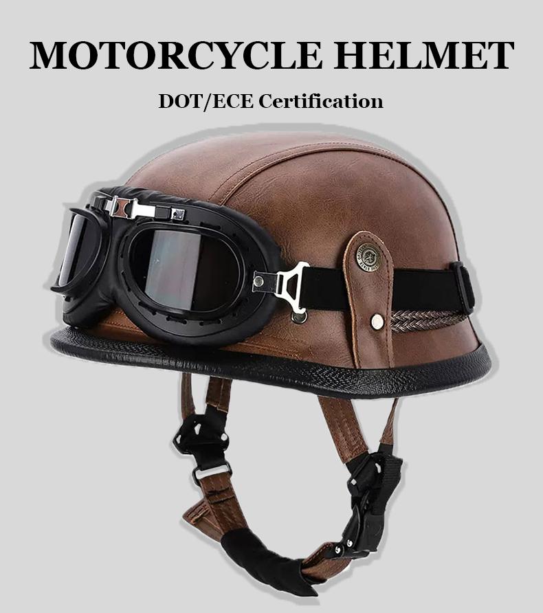 Factory Price Motorcycle Helmets German Style Leather Half Face Helmet DOT Cap1/2 Shell Helmets+Goggles Low Profile Helm Casque