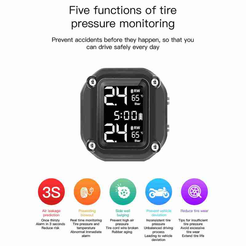 Motorcycle Wireless Tire Pressure Monitoring System USB Charging TPMS for Motorcycle with 2 External Sensors