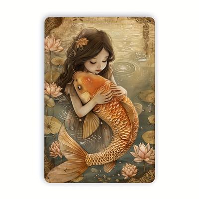 Vintage Koi Karp Folienprägung Metall Blechschild, Eisen Wandkunst zum Aufhängen, Emblem Dekoration für Zuhause & Außenbereich für Wohnzimmer, Schlafzimmer,