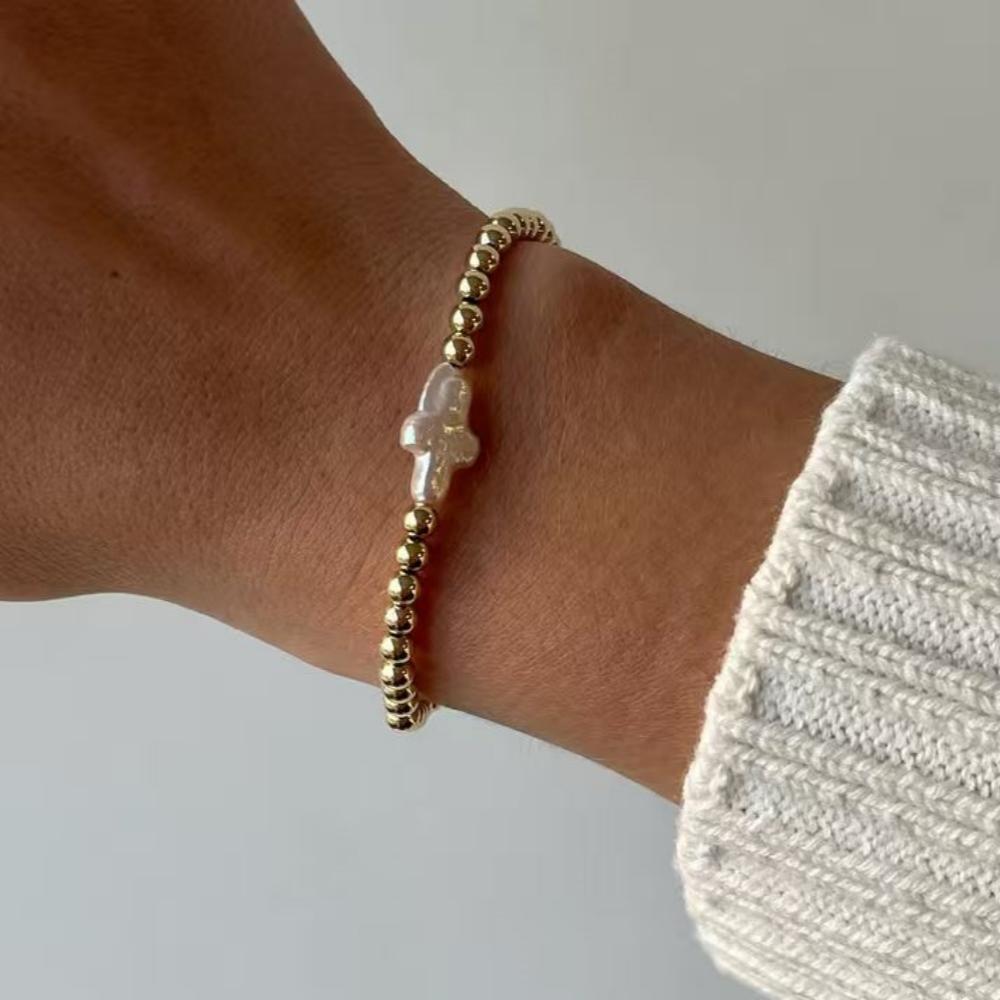 Vlen Baroque Pearl Cross Stretch Bracelet Elastic Tarnish Resistant Long Lasting 18 K Gold Plated Beads Jewelry Gift for Women