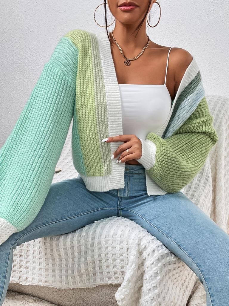 2026 Autumn/Winter Women's Color Block Wool Knit Cardigan Sweater - Trendy Short Outerwear in Stock