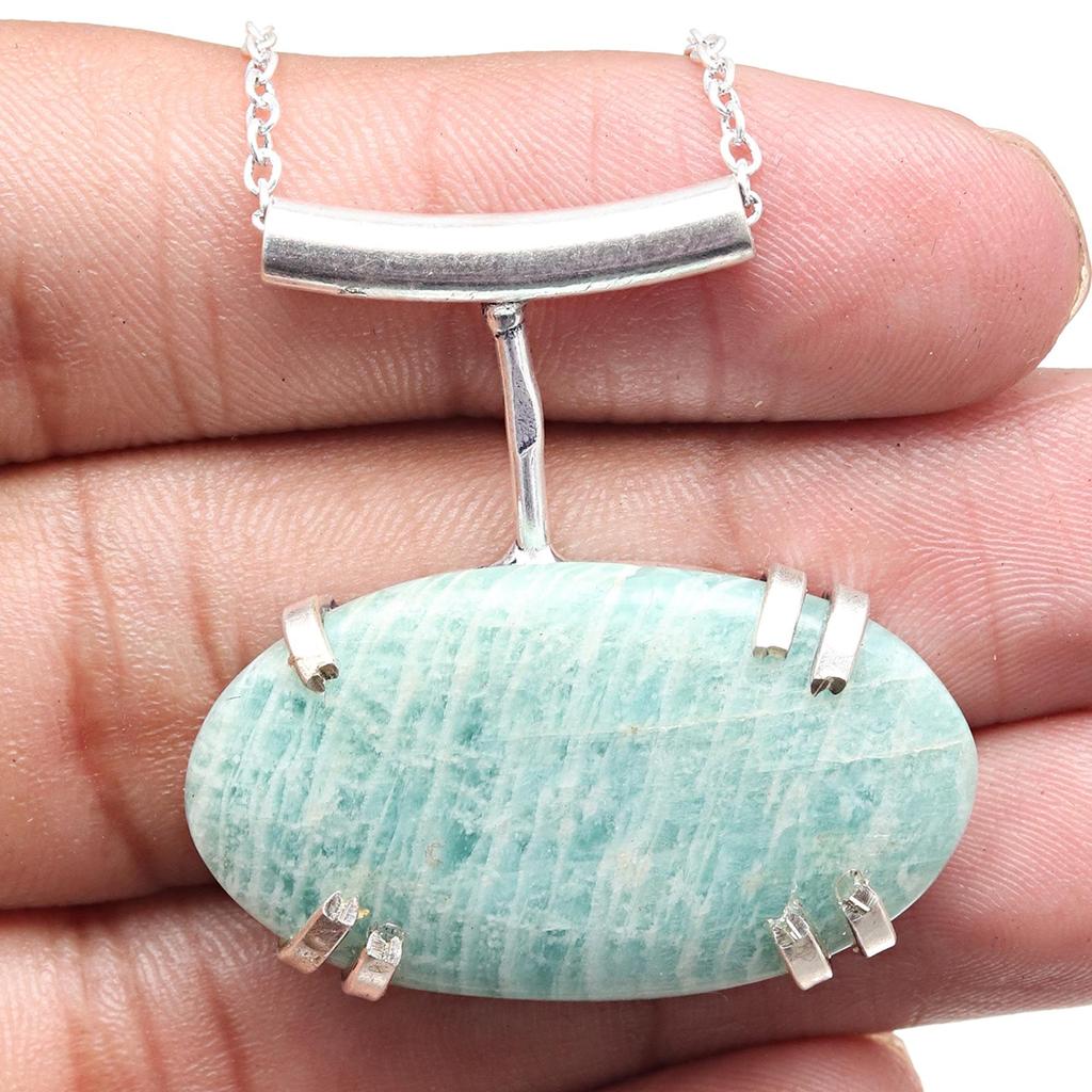 Necklace Amazonite Gemstone Natural Beads Round 20" Blue Pendant Silver Faceted