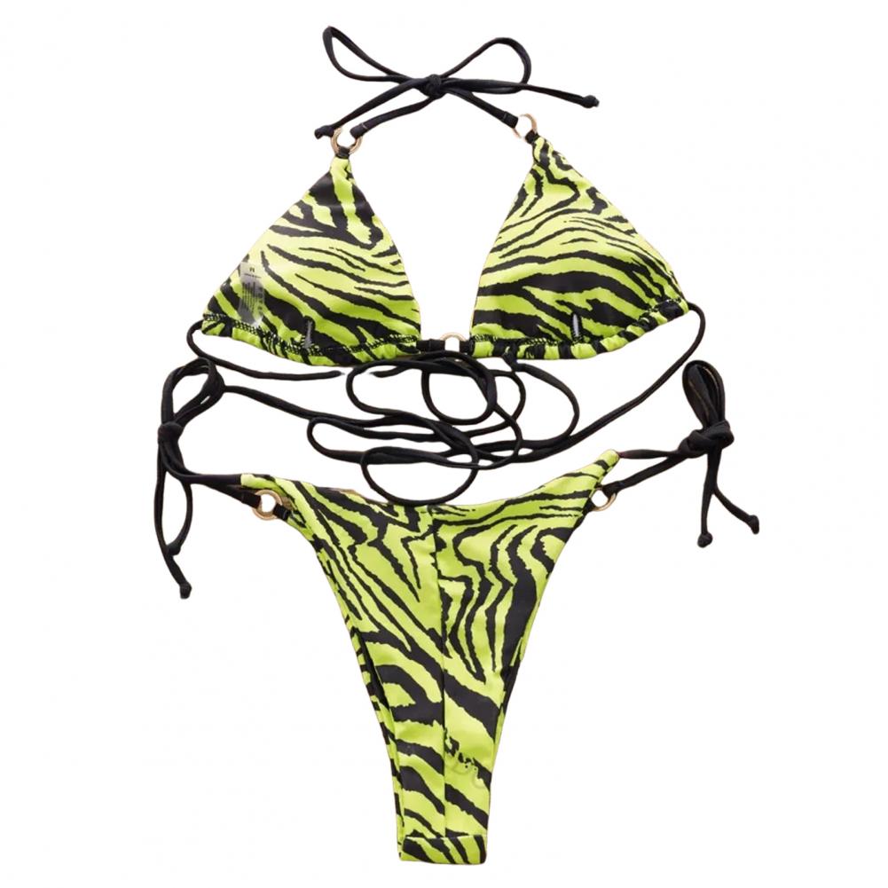Low-rise Briefs Bikini Set Zebra Print Halter Bikini Set with High Waist Lace-up Briefs Women's Summer Swimwear Set with for A