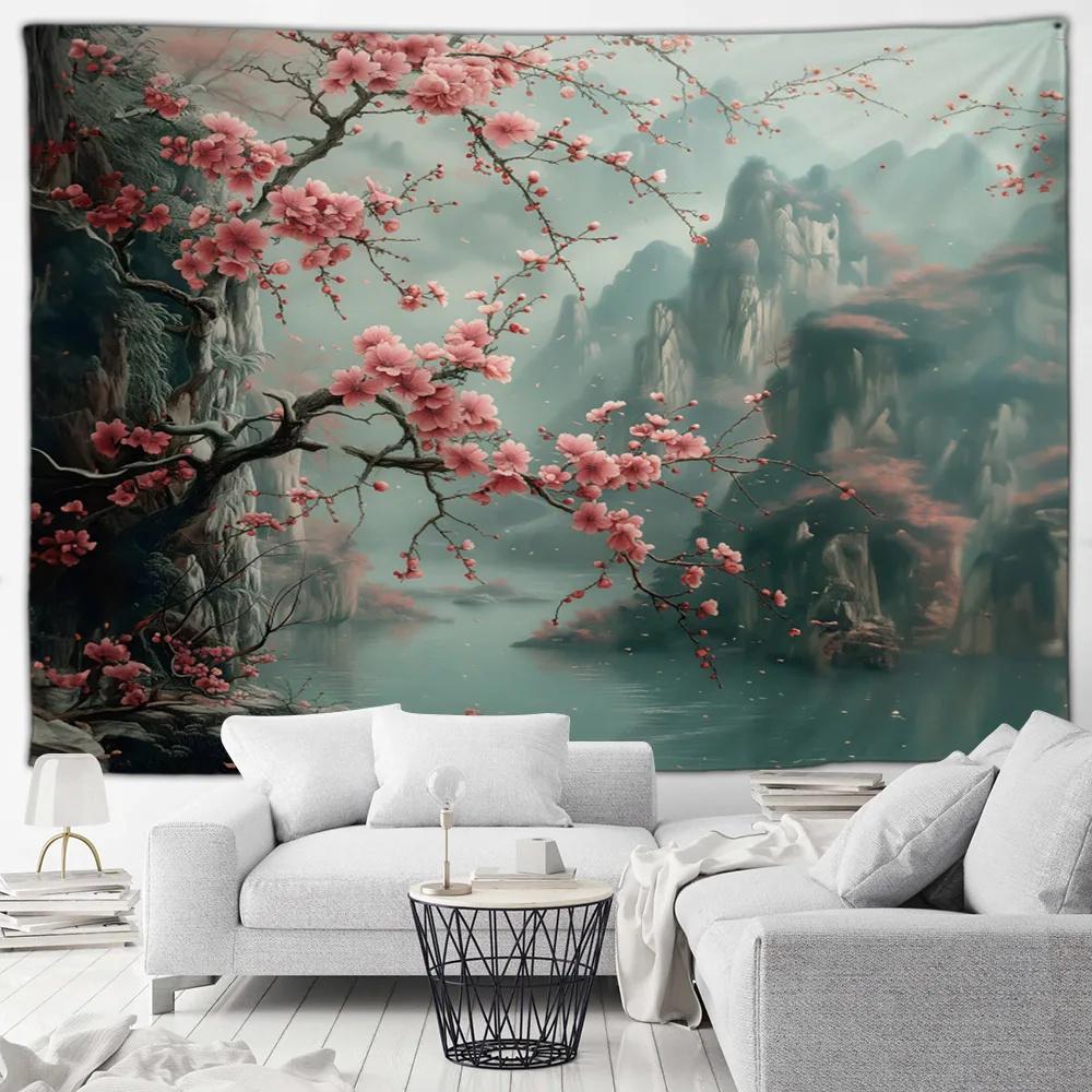 Japanese Scenery Tapestry Cherry Blossom Flowers Misty Landscape Chinese Style Wall Hanging Art Decoration Home Decor Background