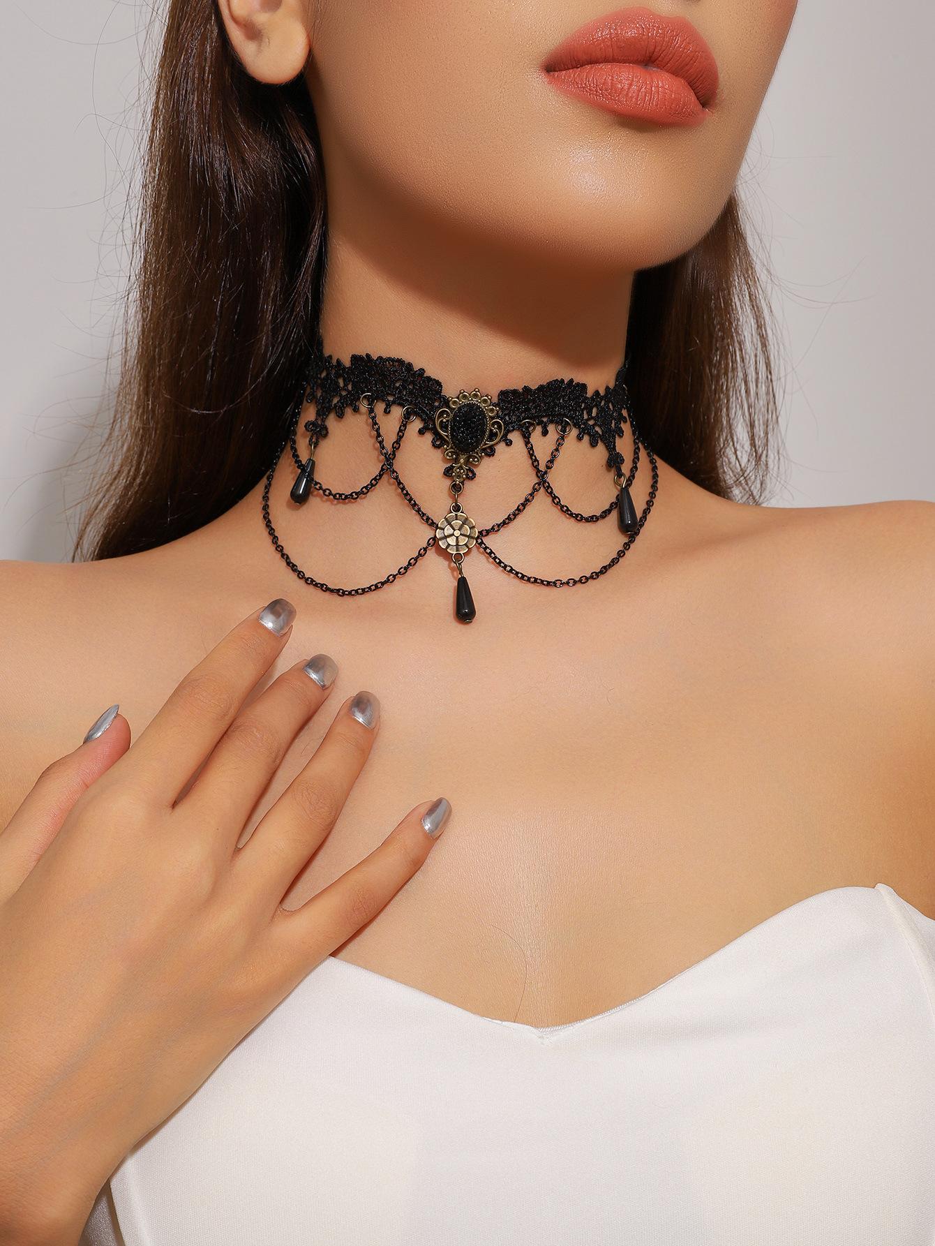 

Винтажное черное кружевное ожерелье с розой, браслет, кольцо, набор для женского ужина, темный ветреный браслет-цепочка на шею