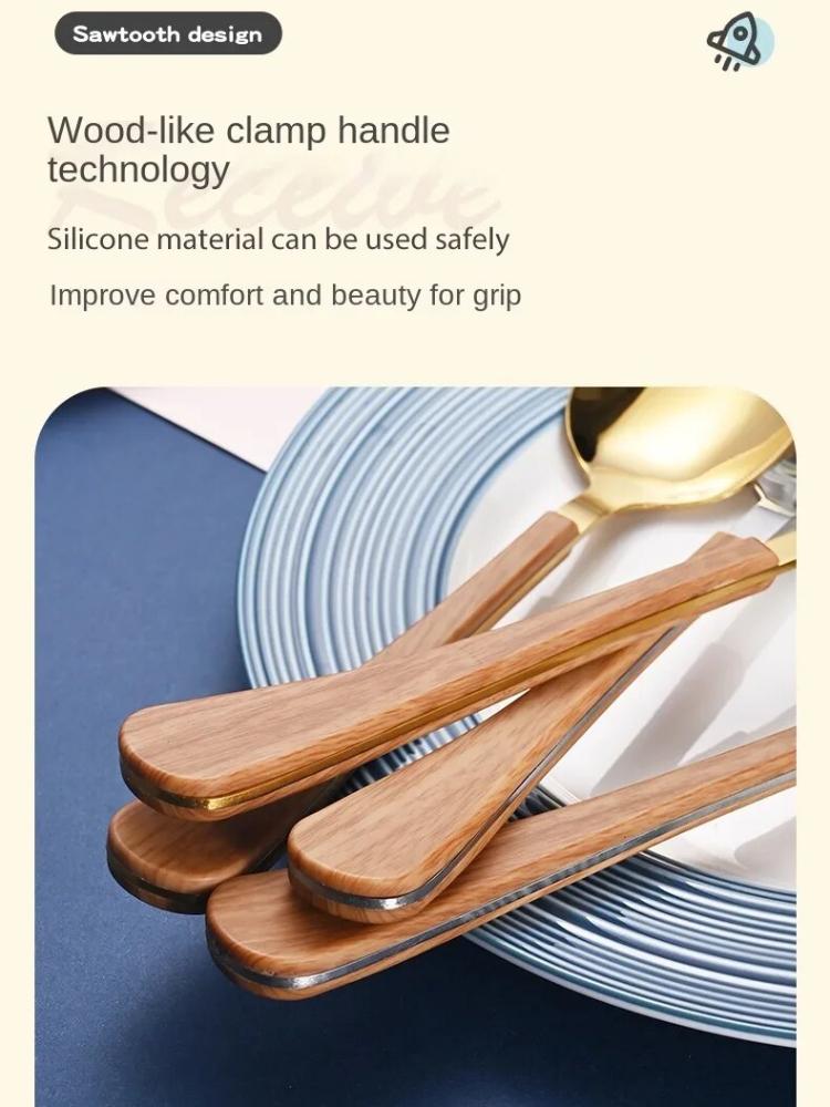 4-teiliges Geschirrset mit Messer und Gabel, Teelöffel, Edelstahl, Holzimitatgriff, westliches Geschirr, einfach und fortschrittlich