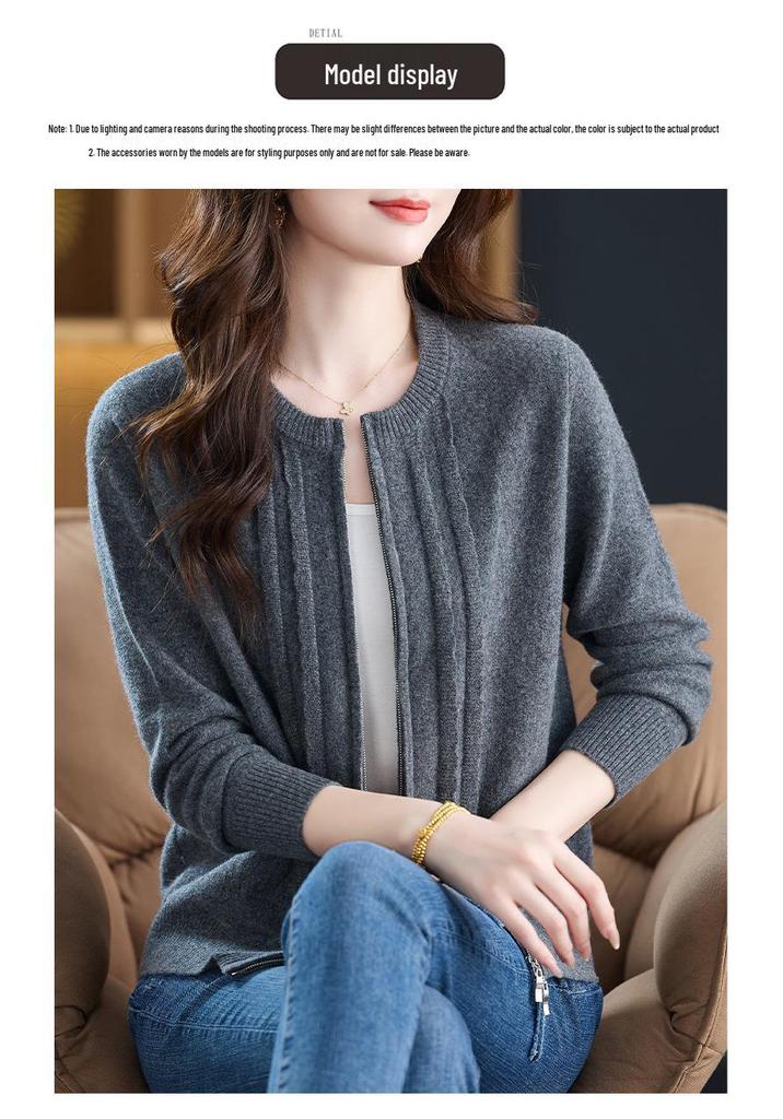 New Women's Loose-Fit Pure Wool Zipper Cardigan - Spring/Autumn