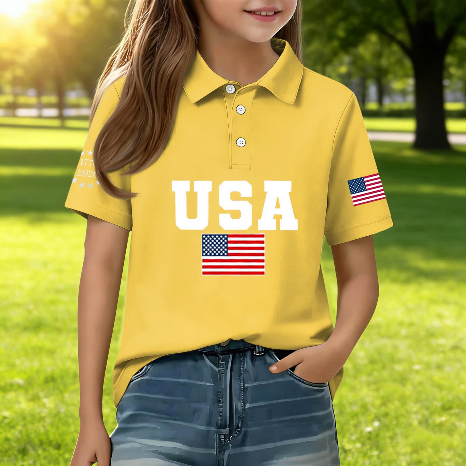

Kids Casual Short Sleeve Shirt Independence Day Print T Shirt Polo Shirt Comfortable Soft Fabric Suitable for Everyday Wear 160 жовтий