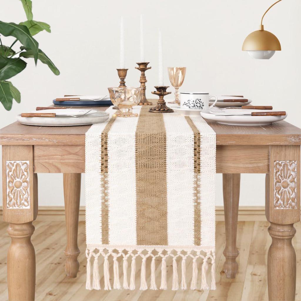 Nordic Light Luxury Cotton Linen Color Block Tassel Table Runner