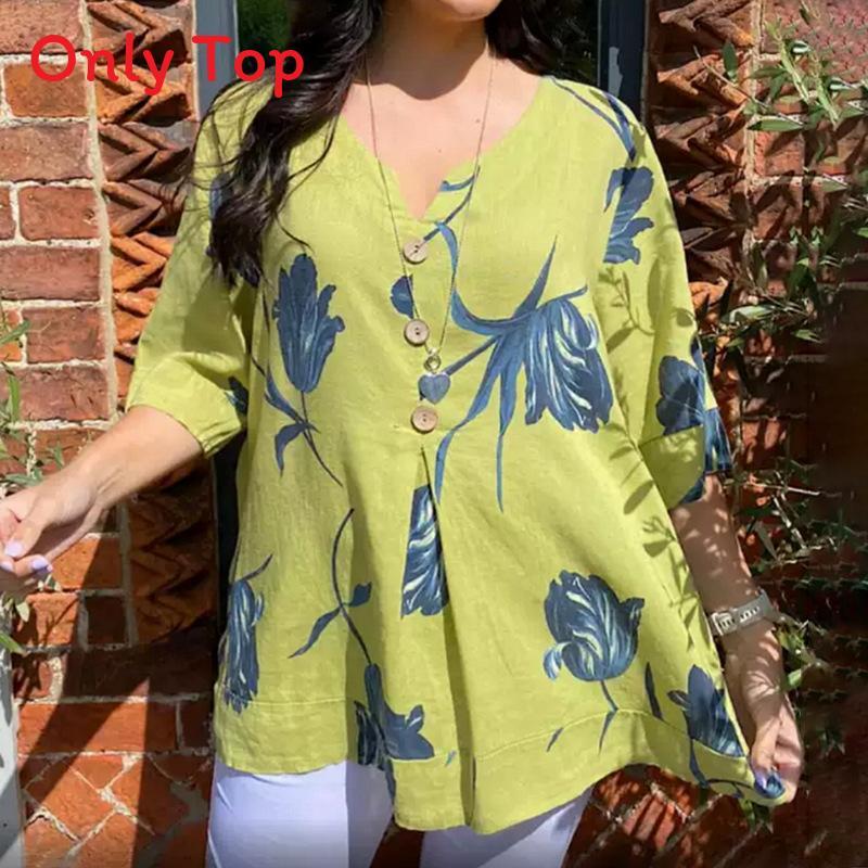 Maglia a maniche corte con scollo a V in cotone e lino con stampa digitale per abbigliamento casual estivo da donna