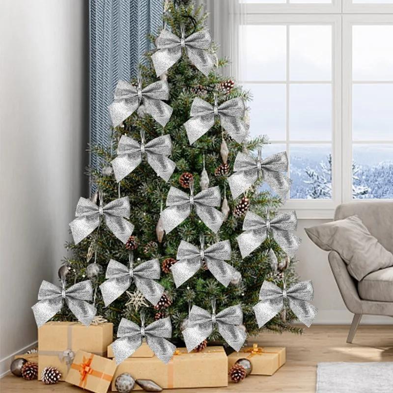 Mini Christmas Bow Glitter Gold Silver Xmas Tree Bowknots Pendants DIY Gifts Wrapping Decors New Year Party Garland Ornaments