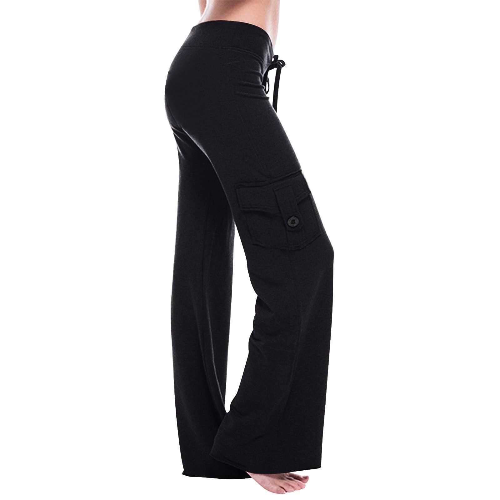Women S Elastic Waist Button Side Pocket Yoga Casual Long Pants S чёрный
