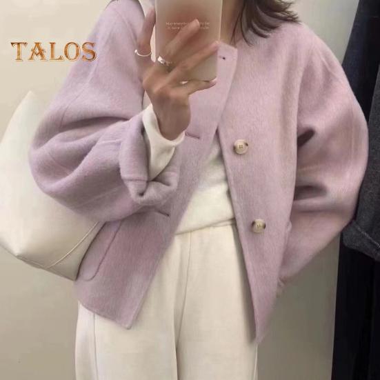 Fall Winter Women Jacket Crew Neck Single-breasted with Side Pockets Loose Short Type Woolen Jacket Shopping Commuting Daily Coat