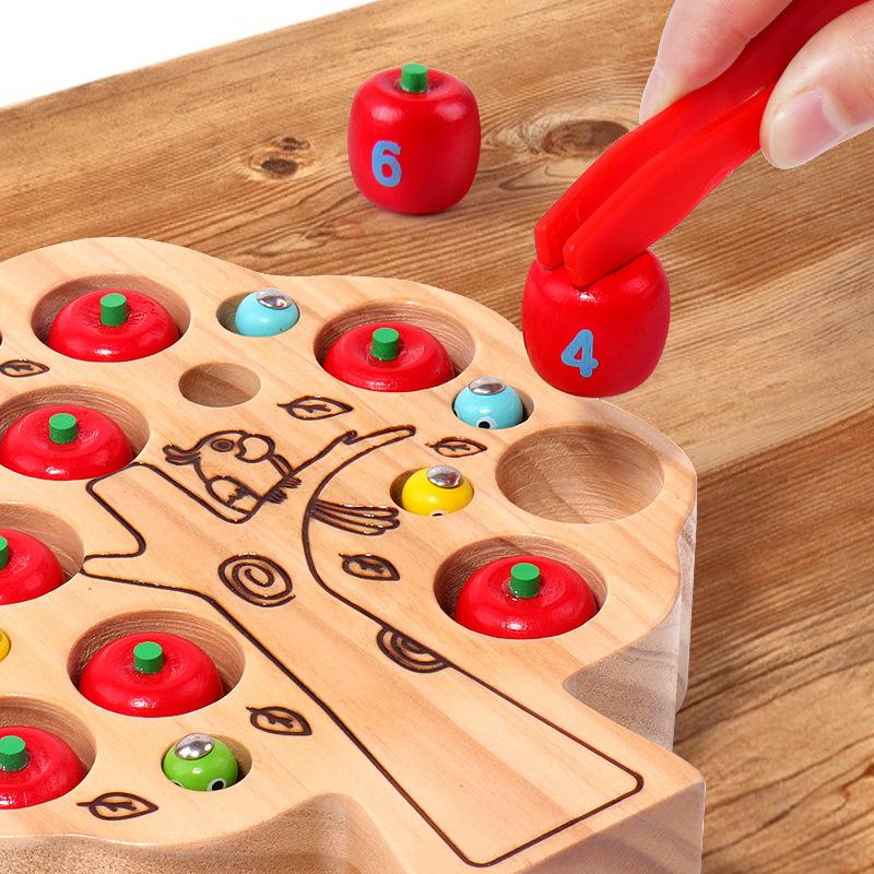 New Kids Wooden Magnetic Clip Apple Insect Catching Game Play Magnetic Early Education Baby Toys
