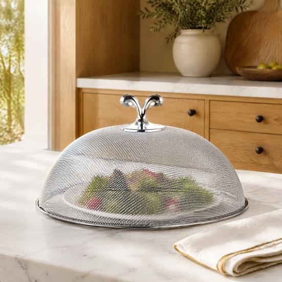 Durable Food Screen for Fruit Platters Stainless Steel Mesh Cover with Handle, Insect Control Sturdy Metal Covers Indoor Use Tent, Dome Guard