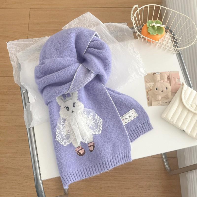 Soft Knitted Lace Bunny Scarf Women Winter Warm Neck Wrap Cute Sweet Long Shawl