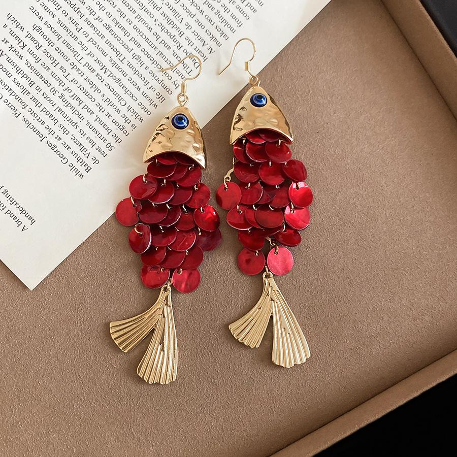 

Female Fish Shaped Tassel Personalized Retro Earrings золотий/червоний