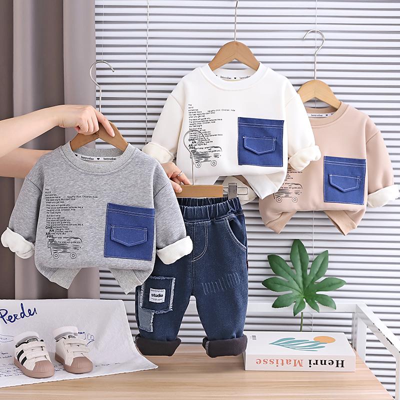 Boys' Long Sleeved Two-piece Set, 0-5-year-old Children's Printed Fleece Hoodie+casual Denim Pants Set