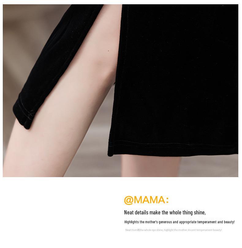 Spring 2026 Velvet Patchwork Qipao: Long-Sleeved Midi Dress for Middle-Aged & Elderly Women