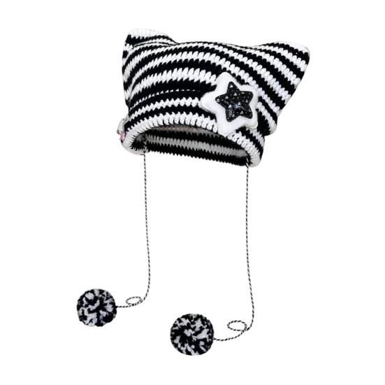 Winter Knitted Hat Cat Ear Design Plush Ball Decor Striped Print Windproof Warm Women Hat Cold Weather Headwear