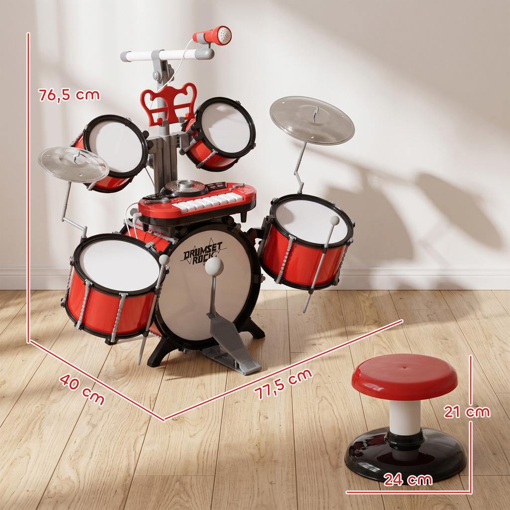 Children's Drum Kit with Stool, Electronic Keyboard, Microphone, USB, 77.5 x 40 x 76.5 cm, Red