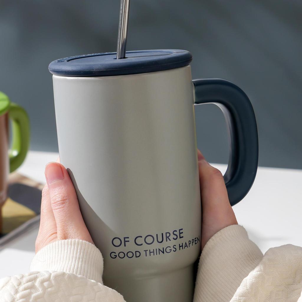 Large Capacity Ceramic Cup High Value Mug Simple Household Drinking Cup with Straw Office Student Couple Cup
