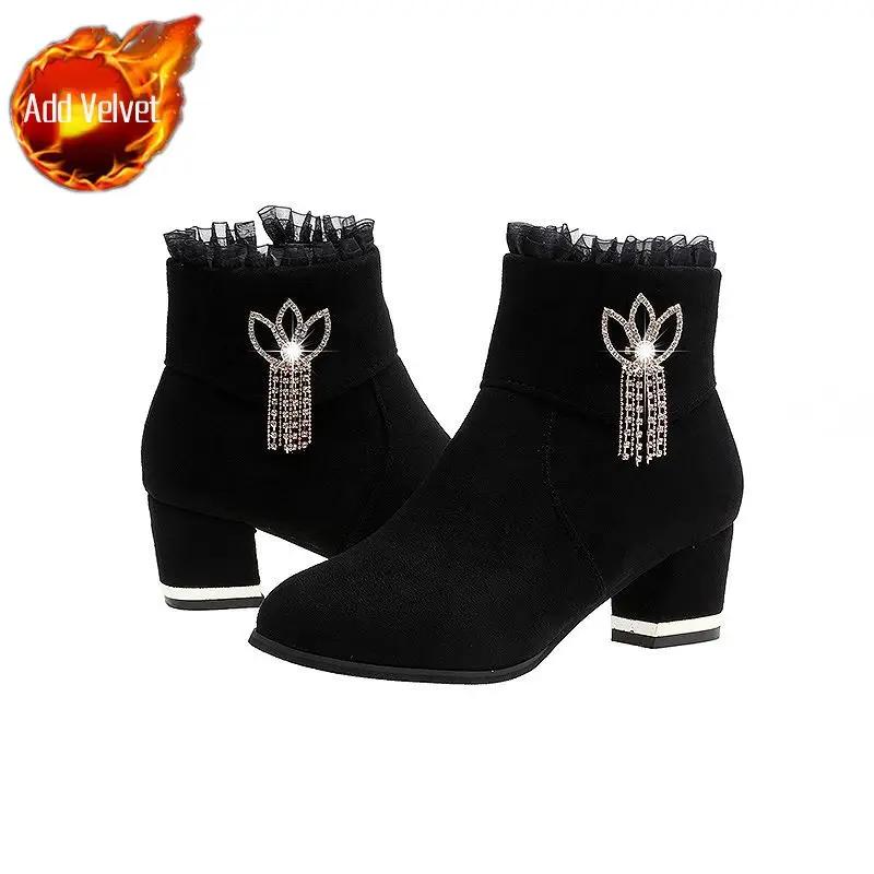 

Fashion Women s Ankle Boots Black Fleece-Lined Warm Booties Elegant With Medium Heels Tassels Fashion 2025 Hot New In Female Short Shoes 40