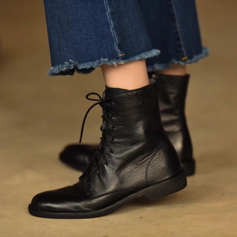 Fashion Concise Style Lace Up Black Ankle Boots Women Luxury Zip Soft Leather Riding Boots Autumn Winter Comfortable Flat Botas Mujer