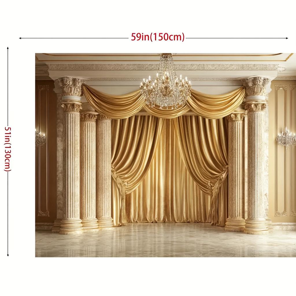 A Luxurious Gold and White Polyester Background Fabric with Grand Arches Chandeliers and Curtain Designs