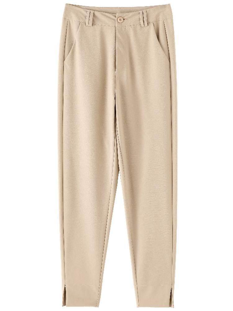 Women's High-Waisted Slim Khaki Pants - Plus Size, Straight Fit, Casual for Spring & Autumn, Middle-Aged