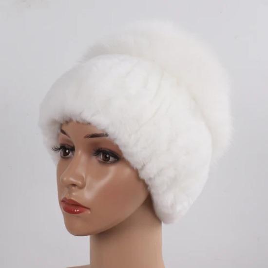 Women Winter Real Fur Hat Scarf 2 Pieces Knitted Rex Rabbit Fur Hat Top Natural Fox Fur Cap Scarves Sets Lady Warm Real Fur Caps