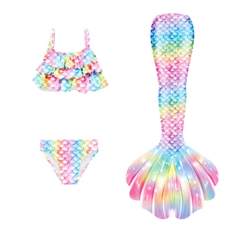 3Pcs Girls Mermaid Tail Swimsuit Children Memaid Swimwear Bikini Bathing Suit Halloween Costume Princess Beach Party Clothing