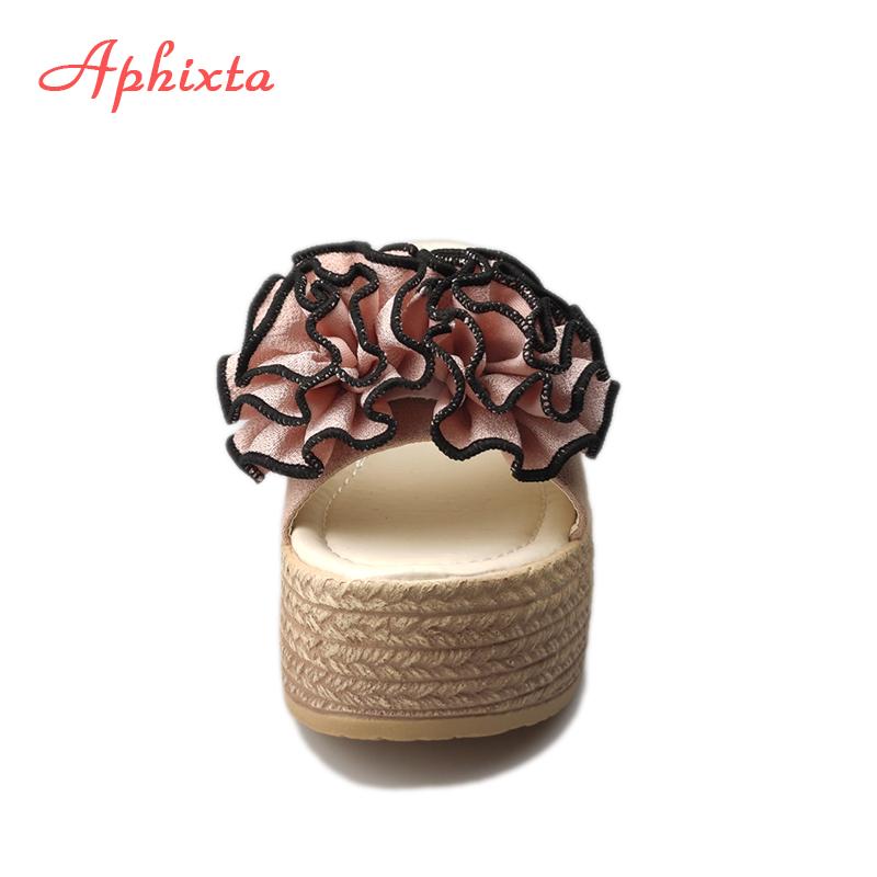 Aphixta Flower Wedge Heels Slippers Women 9cm Cow Suede Bow Women Mulers Female 4cm Platform Sandals Clog Shoes Slides Women