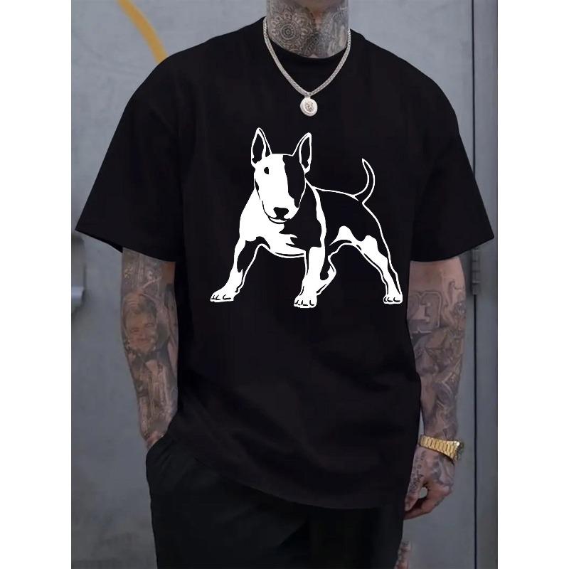

European Size Black and White Bull Terrier Silhouette Print Men s Top, Casual Short Sleeve Crew Neck T-Shirt for Summer and Spring, Men s Outdoor Wear 4XL чорний