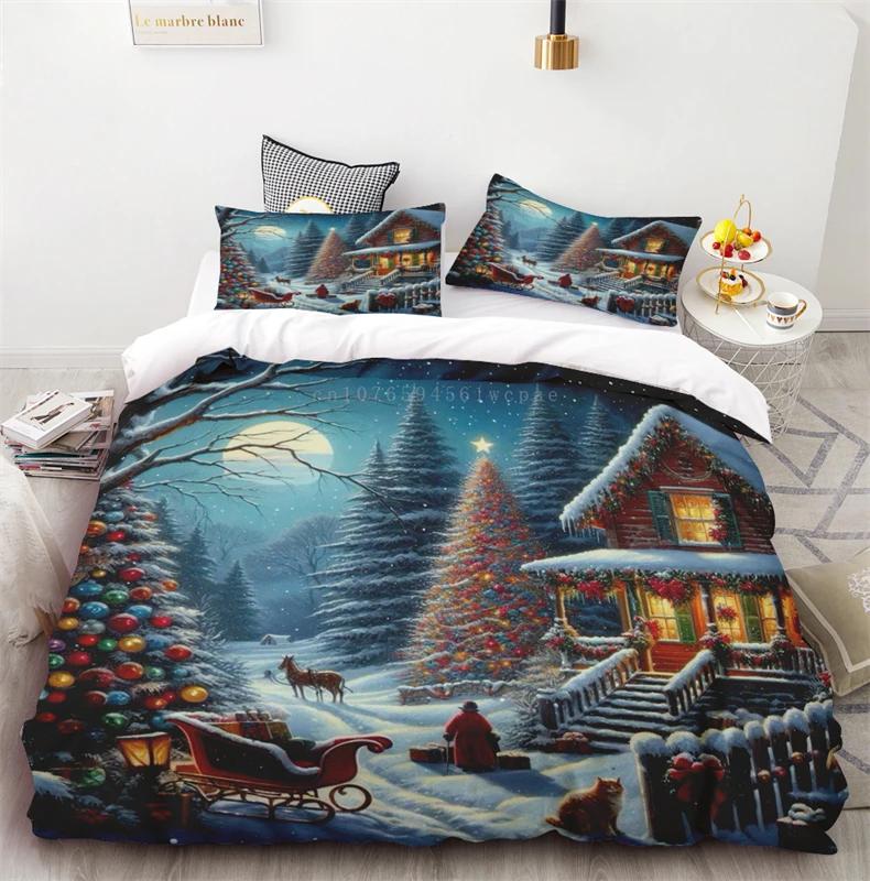 New Style Duvet Cover Christmas Santa Elk HD Printing One Quilt Cover Two Pillowcases Cover Set Bed Linen For Home Decorations