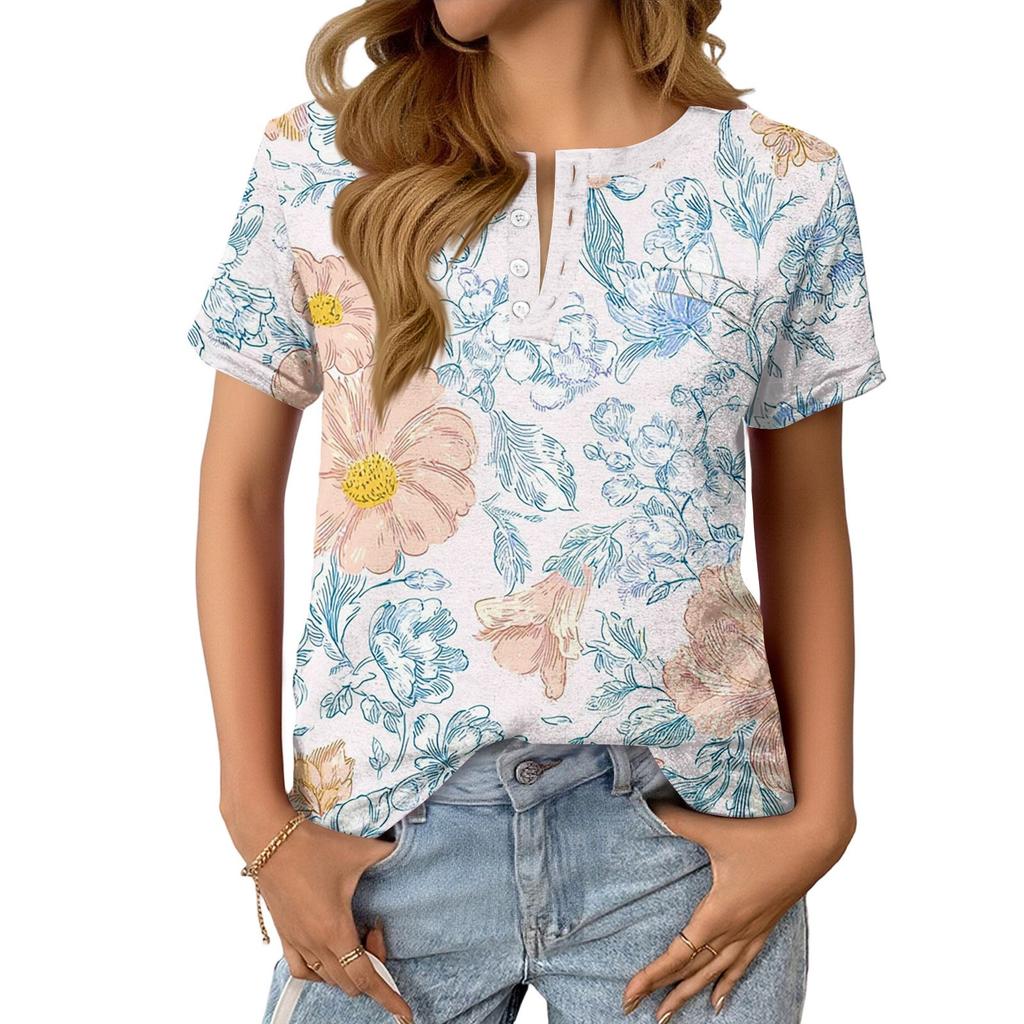 Women's Fashionable Casual Summer Floral Print V-neck Button Short-sleeved Top