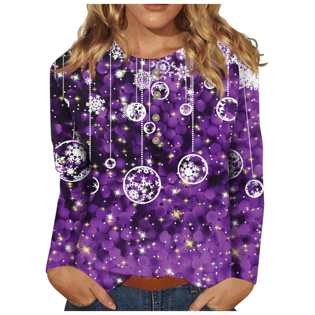 Women's Casual Christmas Printing Button Neck Long Sleeved Pullover Top Blouse