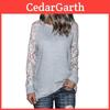 Grey Lace Trim Crew Neck Fitted Tshirt Blended Fabric Hoodie Women Sleeve Long