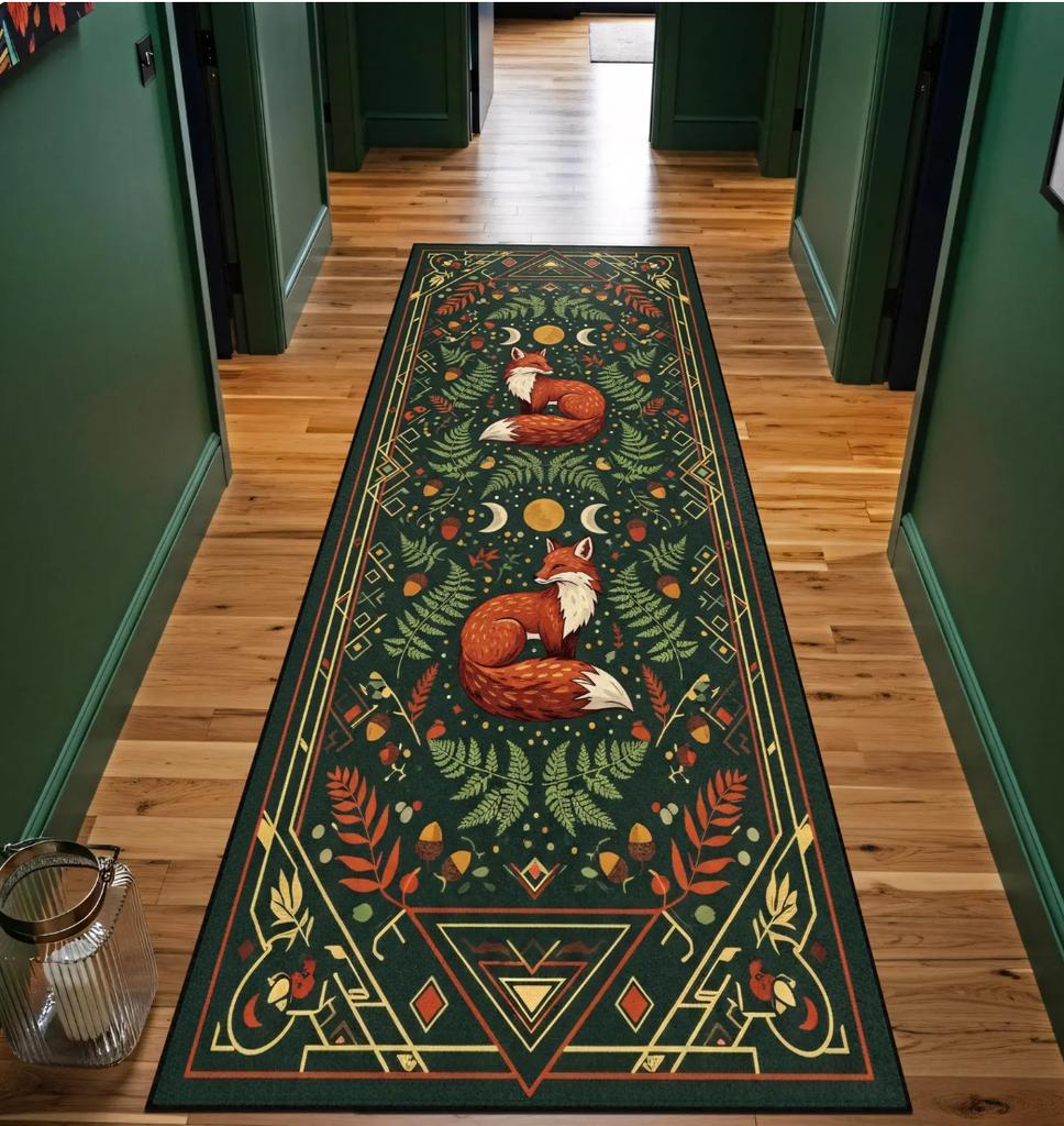 Magical Forest Animal Runner Rug Dark Green Blue Color Natural Retro Design Ideal For Cottagecore Home Hallway Corridor Decor