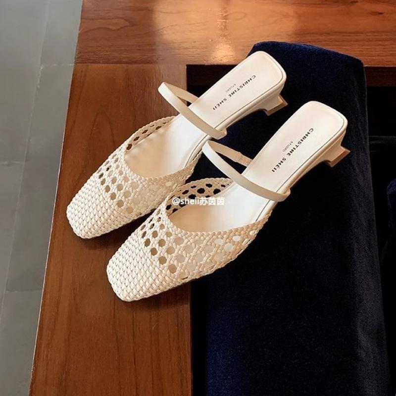 Shoes retro woven hollow thick heel cool slippers women's half drag summer