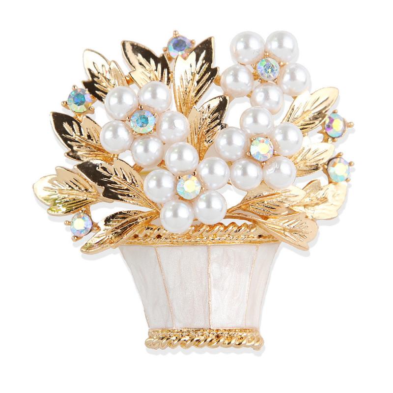 Fashion Luxury Pearl Pot Flowers Brooches For Women Clothing Coat Party Accessries Gifts
